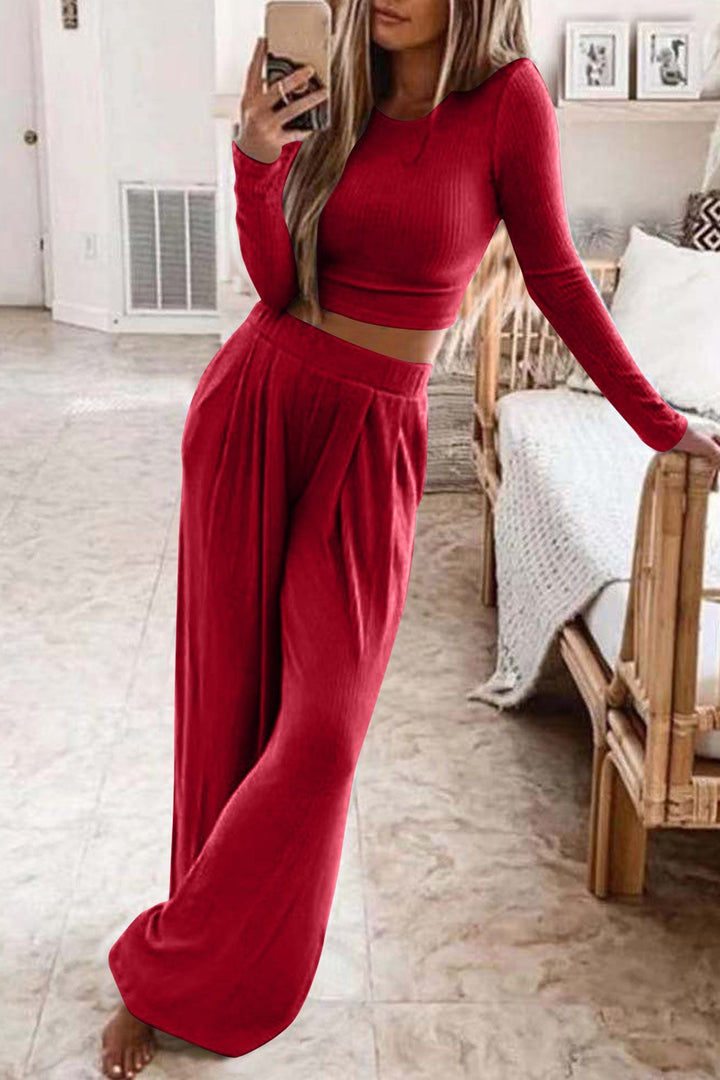 Elise - Dames Geribbelde Crop Top en Lange Broek Set - Moderne en Comfortabele Stijl