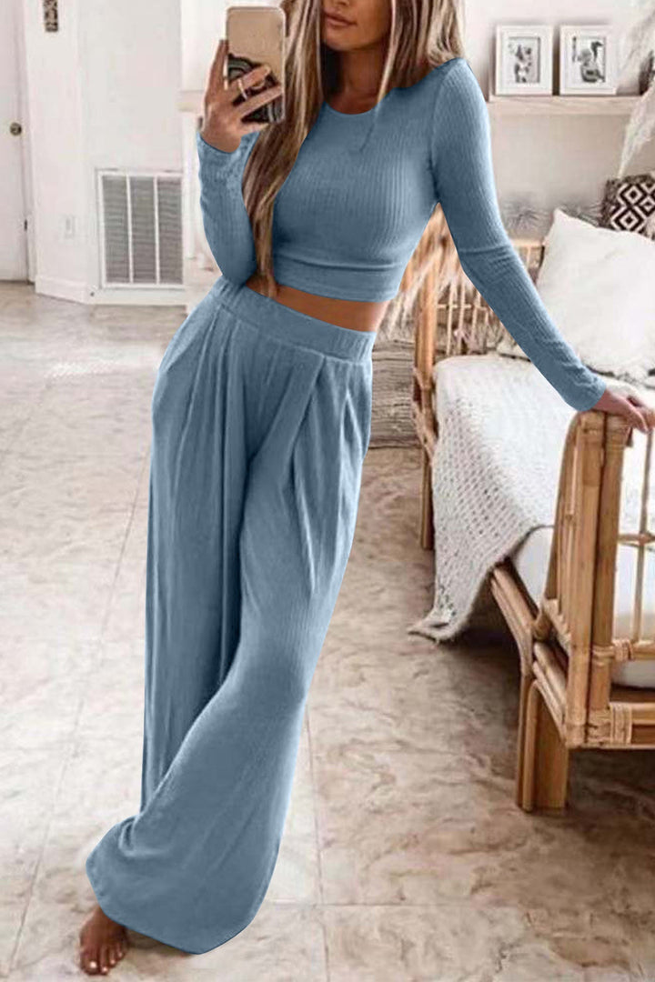 Elise - Dames Geribbelde Crop Top en Lange Broek Set - Moderne en Comfortabele Stijl