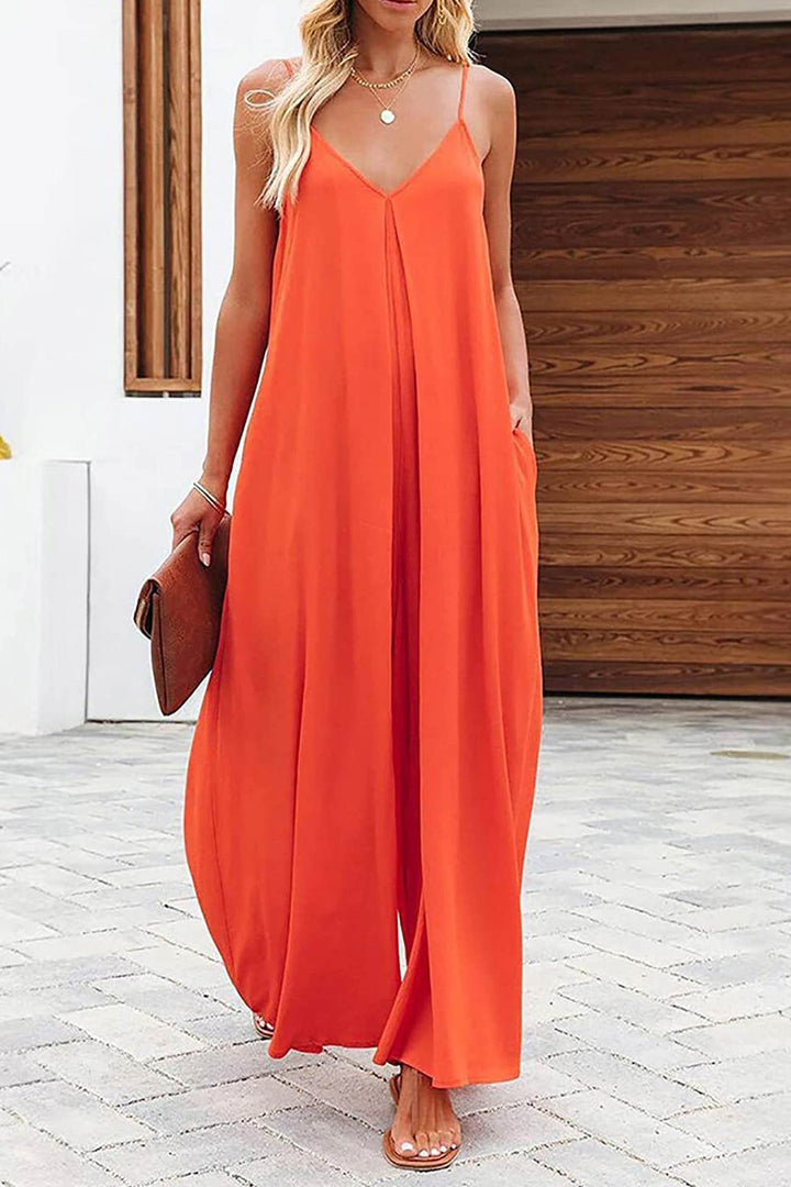 Mira – Cami Jumpsuit met V-Hals, Zakken en Wijde Pijpen