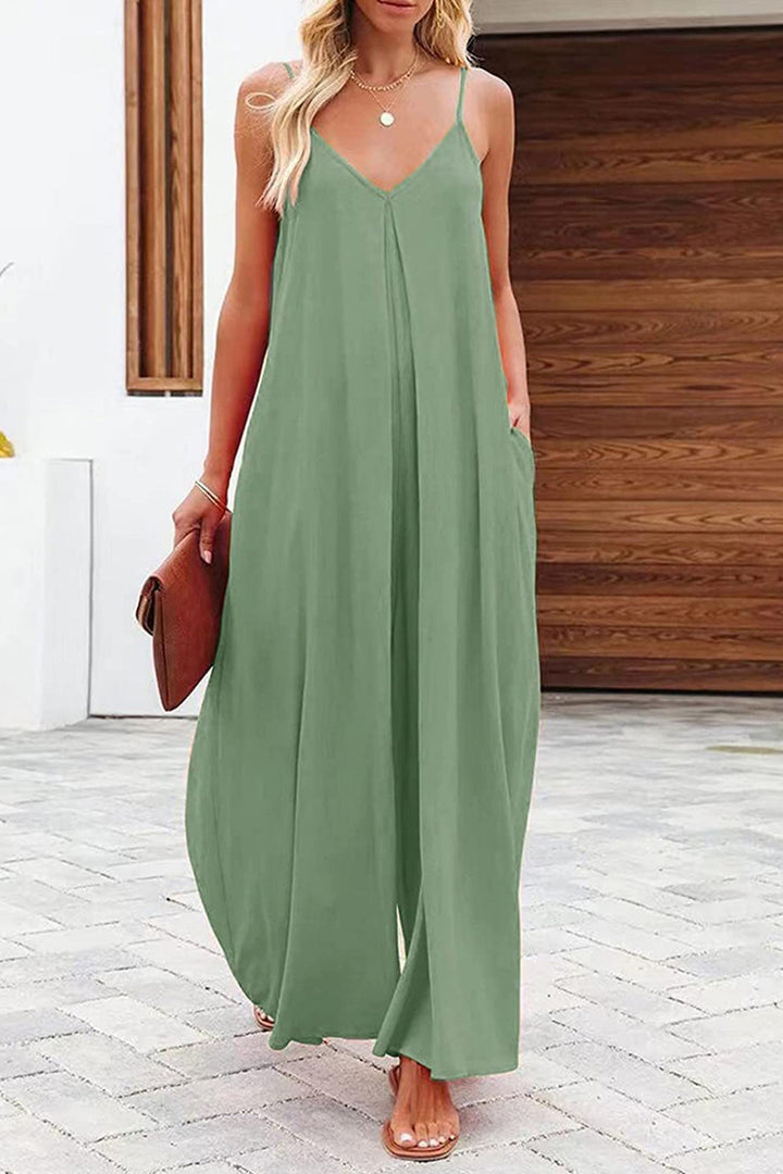 Mira – Cami Jumpsuit met V-Hals, Zakken en Wijde Pijpen