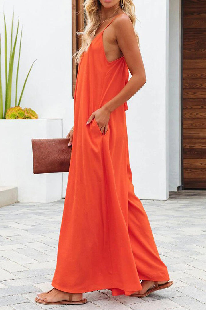 Mira – Cami Jumpsuit met V-Hals, Zakken en Wijde Pijpen