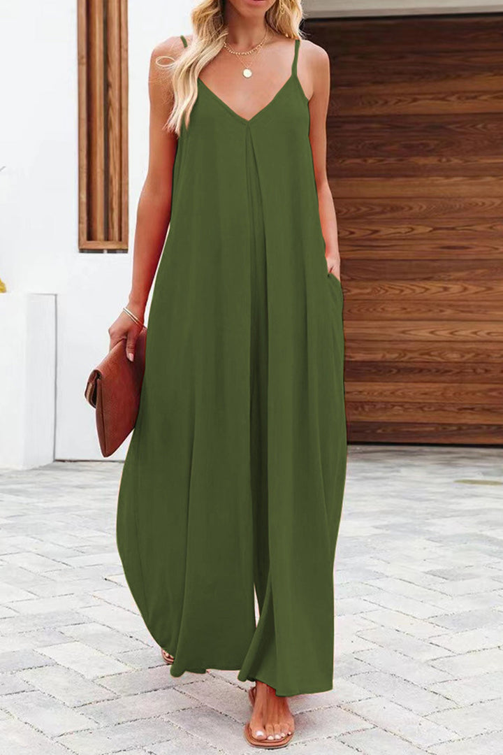 Mira – Cami Jumpsuit met V-Hals, Zakken en Wijde Pijpen