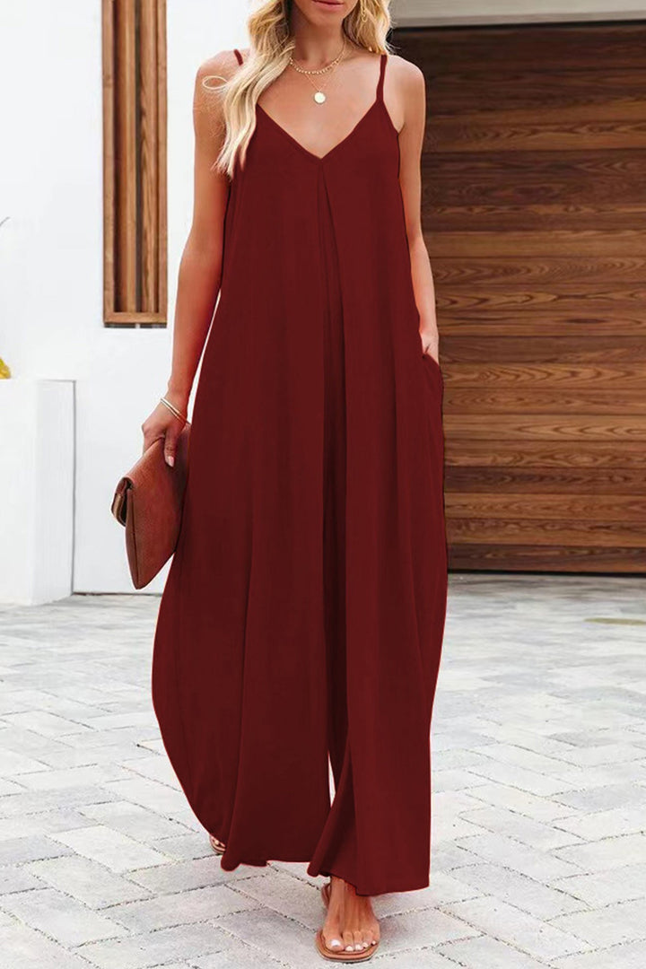 Mira – Cami Jumpsuit met V-Hals, Zakken en Wijde Pijpen