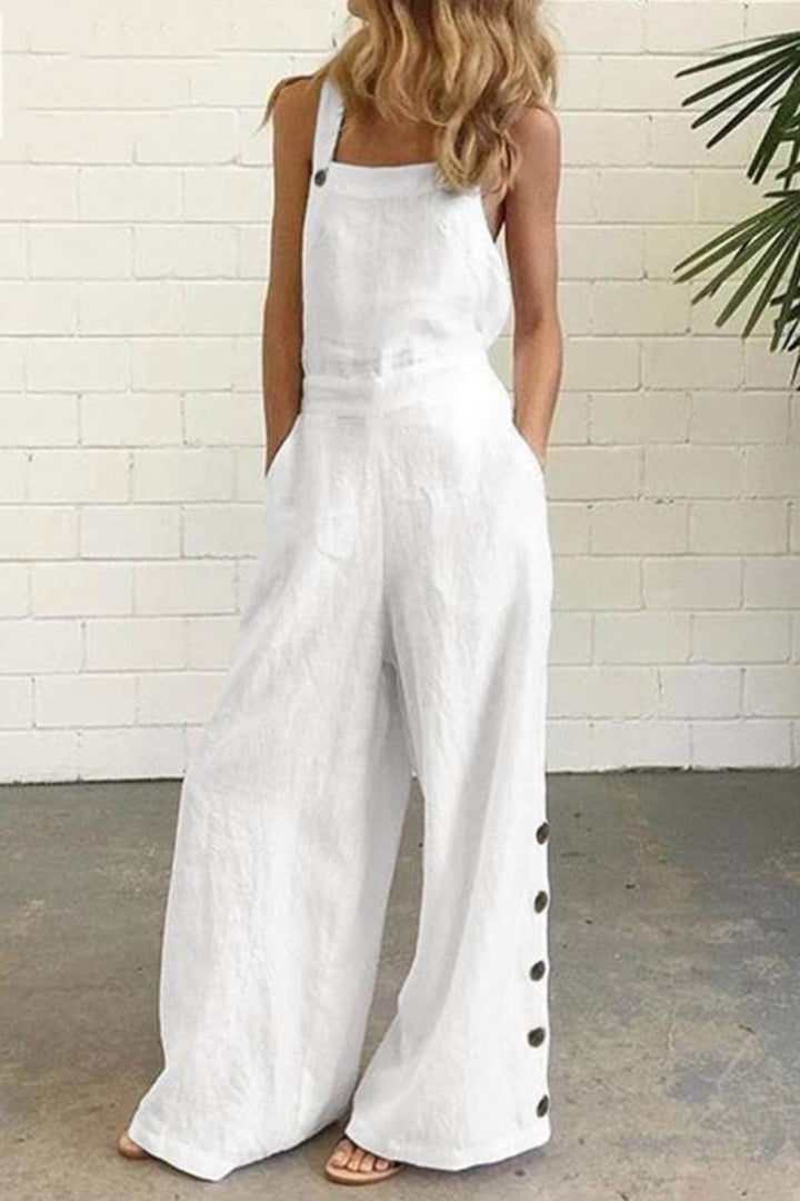 Tess – Mouwloze Jumpsuit met Knoopsluiting en Wijde Pijpen