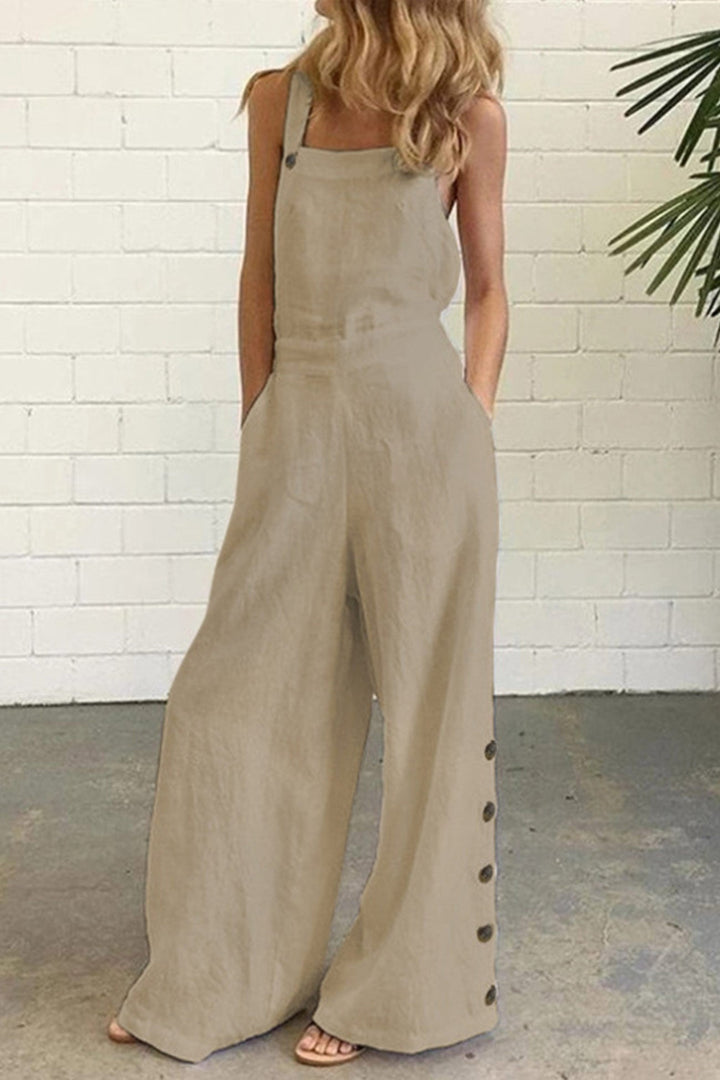Tess – Mouwloze Jumpsuit met Knoopsluiting en Wijde Pijpen