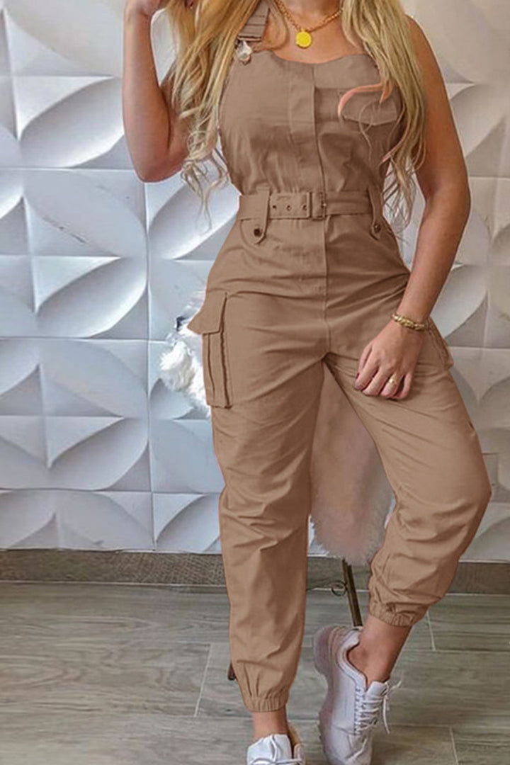 Noa – Mouwloze Cargo Jumpsuit met Ceintuur en Zakken