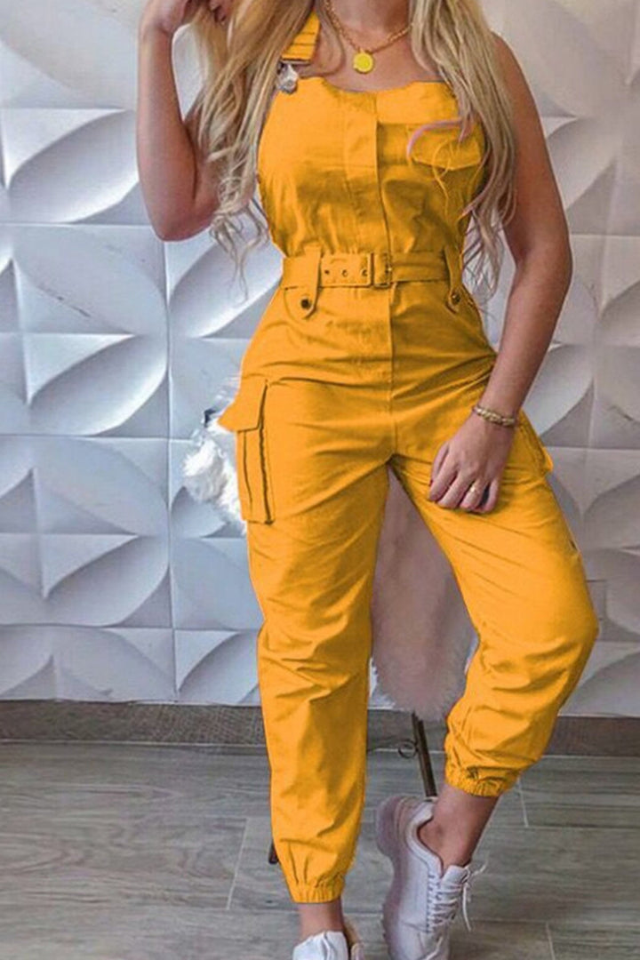 Noa – Mouwloze Cargo Jumpsuit met Ceintuur en Zakken