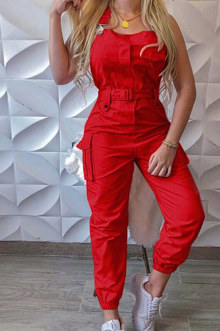 Noa – Mouwloze Cargo Jumpsuit met Ceintuur en Zakken