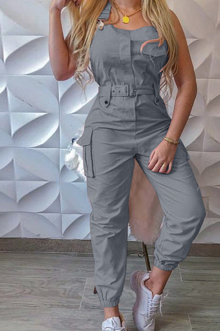 Noa – Mouwloze Cargo Jumpsuit met Ceintuur en Zakken