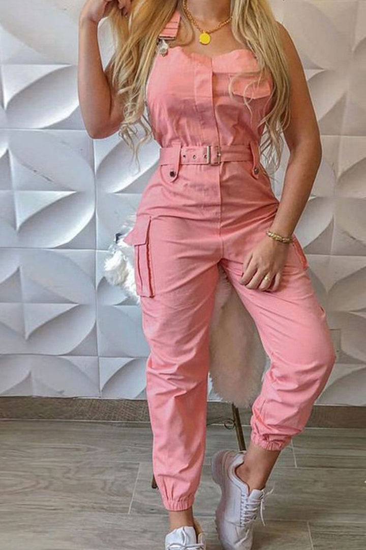 Noa – Mouwloze Cargo Jumpsuit met Ceintuur en Zakken