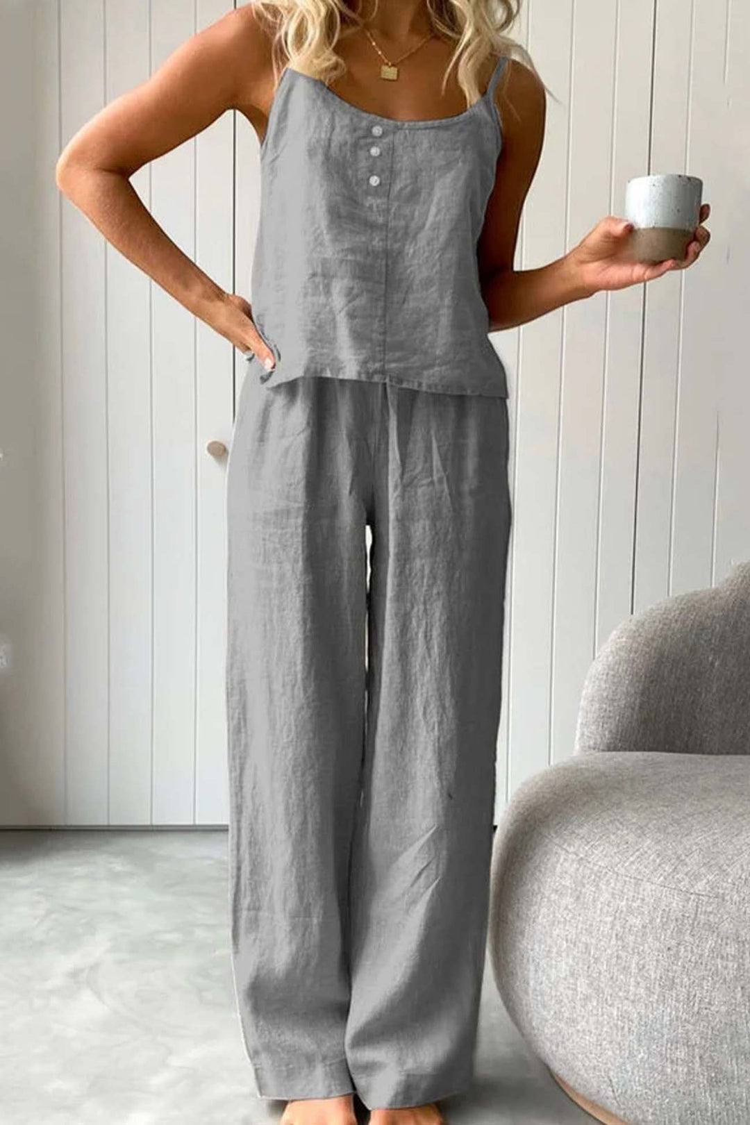 Nina – Katoenen Two-Piece Set met Spaghettibandjes en Lange Broek