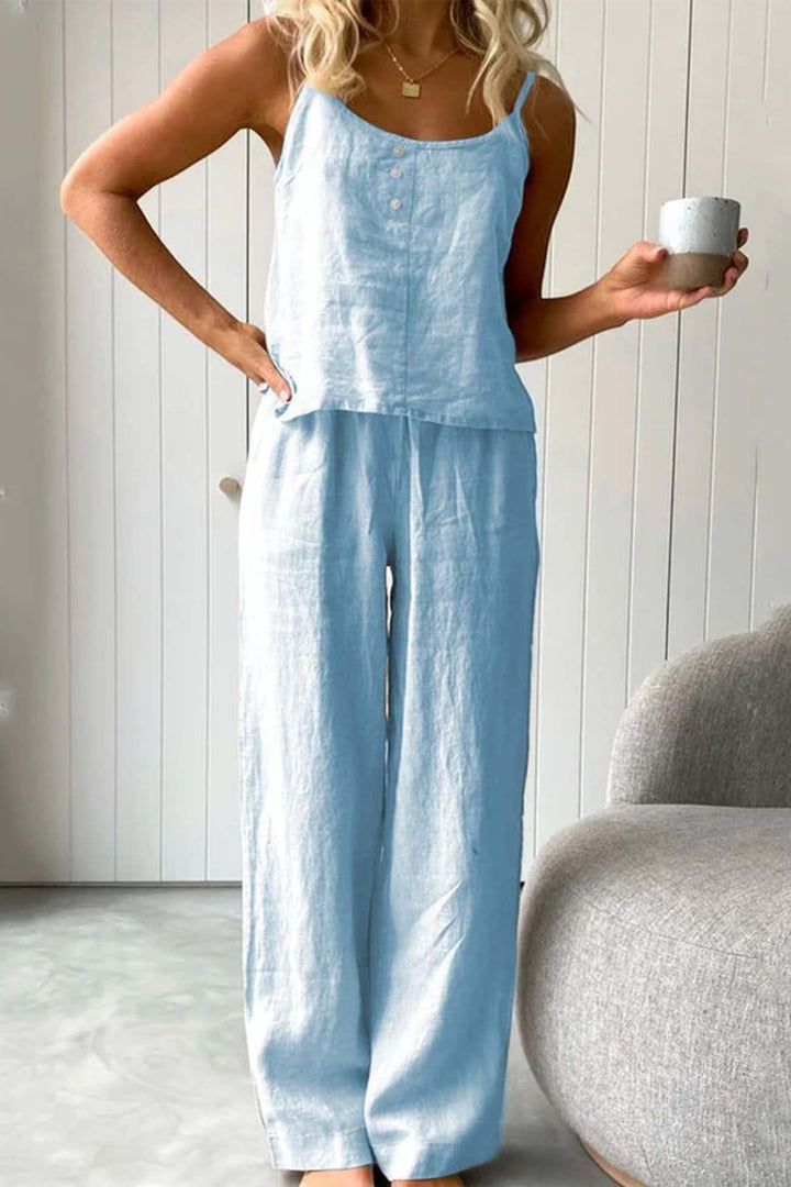 Nina – Katoenen Two-Piece Set met Spaghettibandjes en Lange Broek