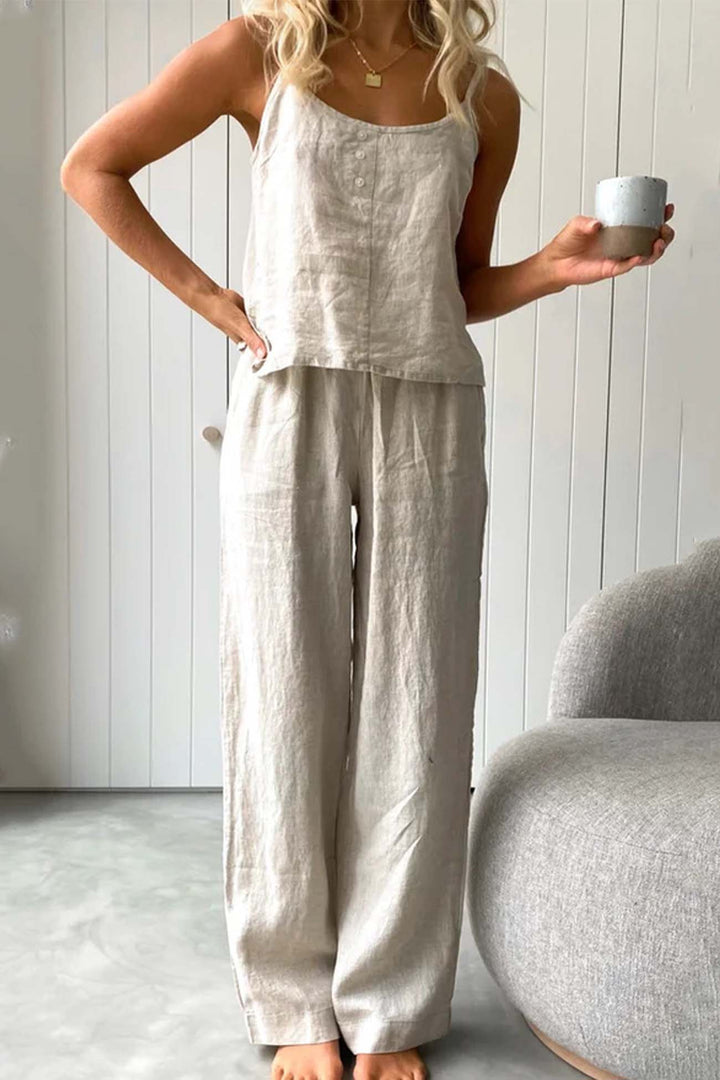 Nina – Katoenen Two-Piece Set met Spaghettibandjes en Lange Broek