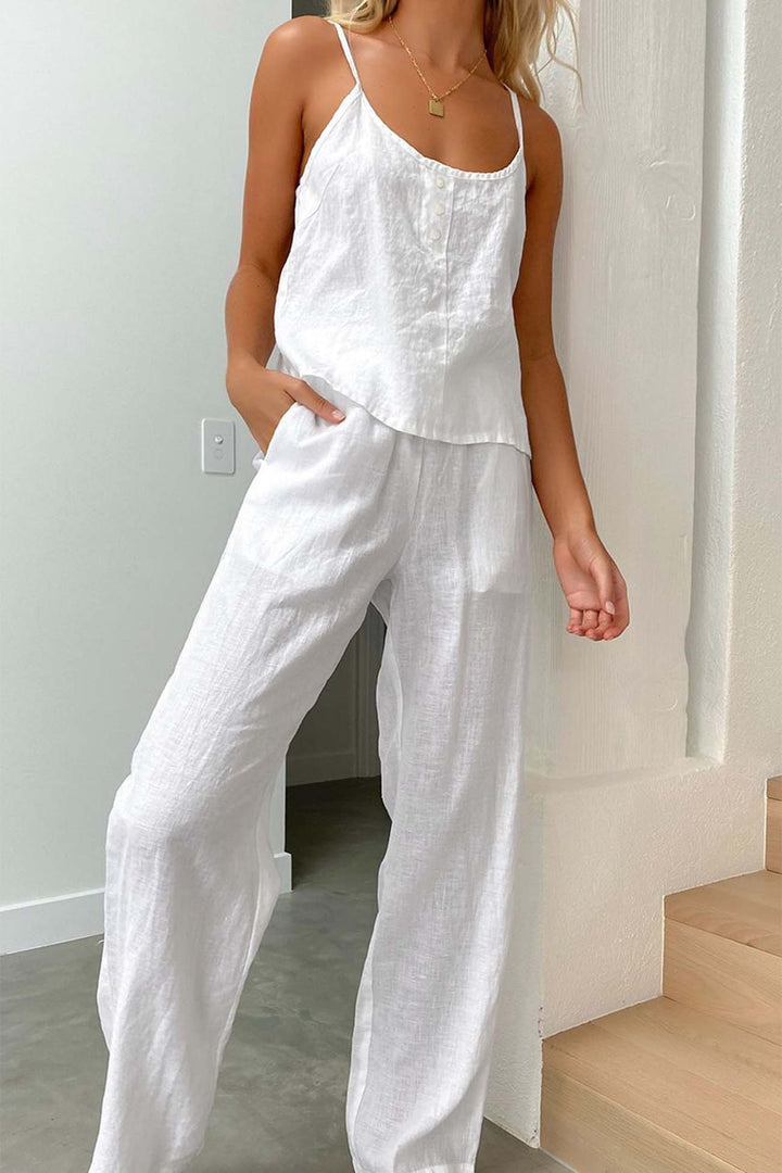 Nina – Katoenen Two-Piece Set met Spaghettibandjes en Lange Broek