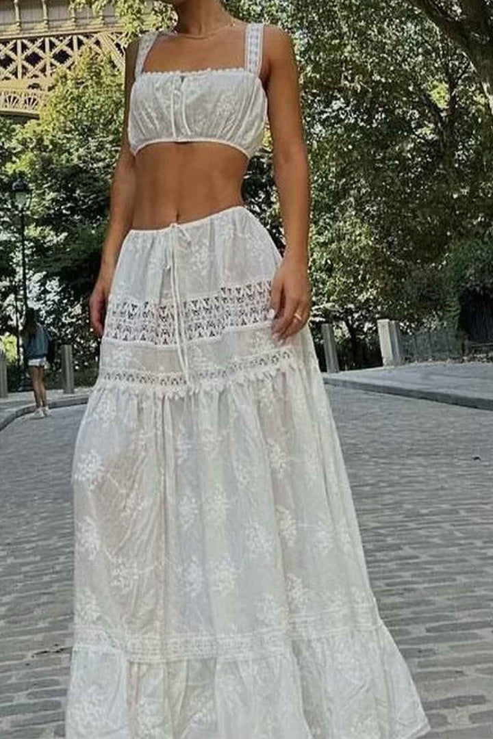 Yfke – Kanten Crop Top & Maxi Rok Set met Cut-Out Detail