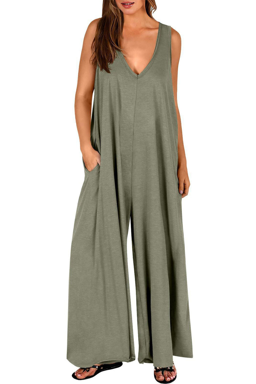 Floor – Mouwloze Jumpsuit met V-Hals en Wijde Pijpen