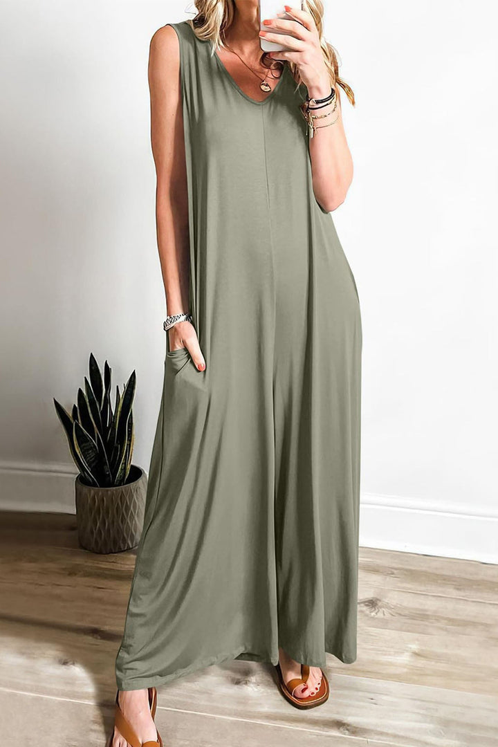 Floor – Mouwloze Jumpsuit met V-Hals en Wijde Pijpen