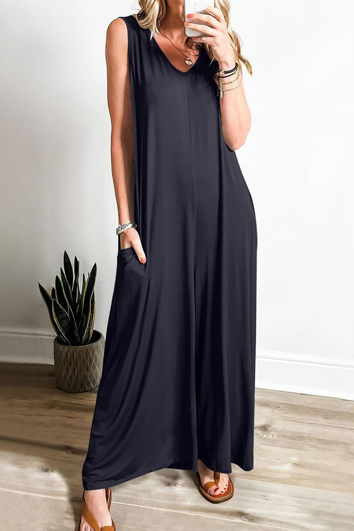 Floor – Mouwloze Jumpsuit met V-Hals en Wijde Pijpen