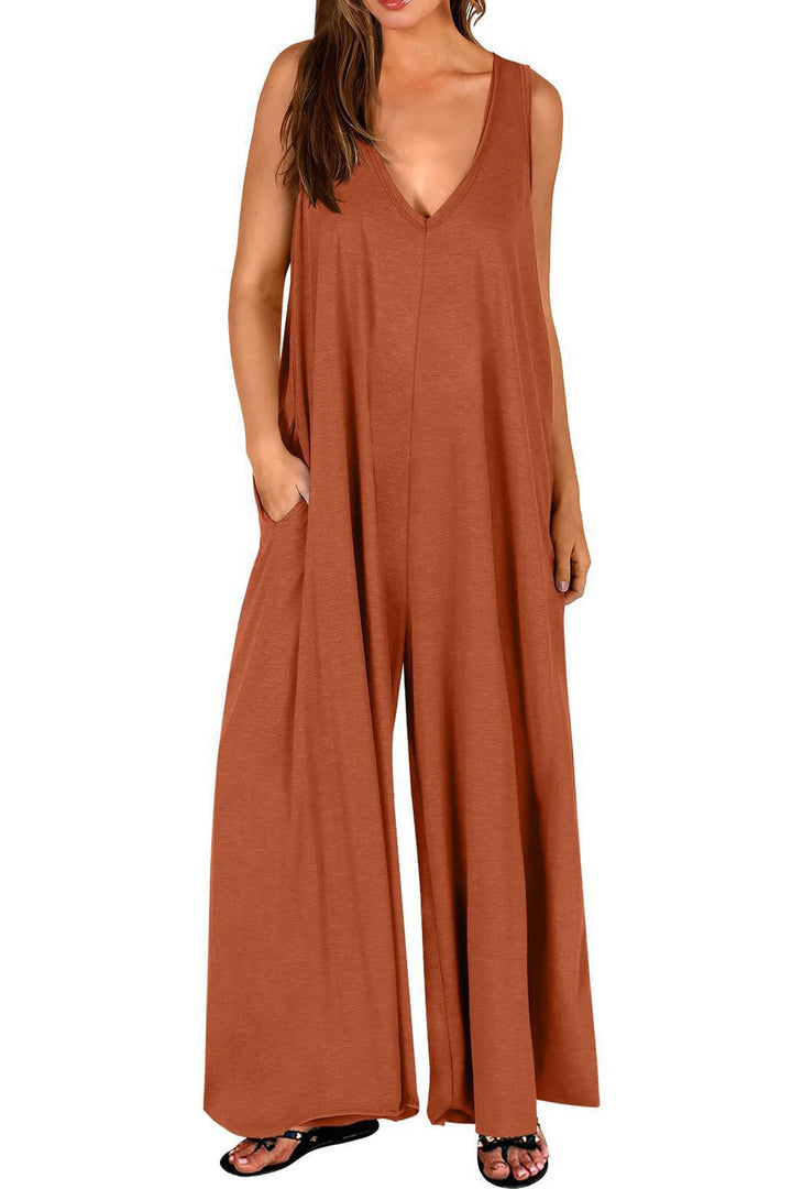 Floor – Mouwloze Jumpsuit met V-Hals en Wijde Pijpen