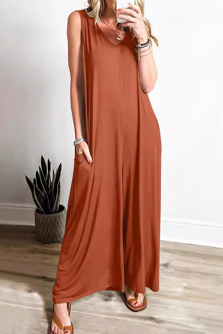 Floor – Mouwloze Jumpsuit met V-Hals en Wijde Pijpen