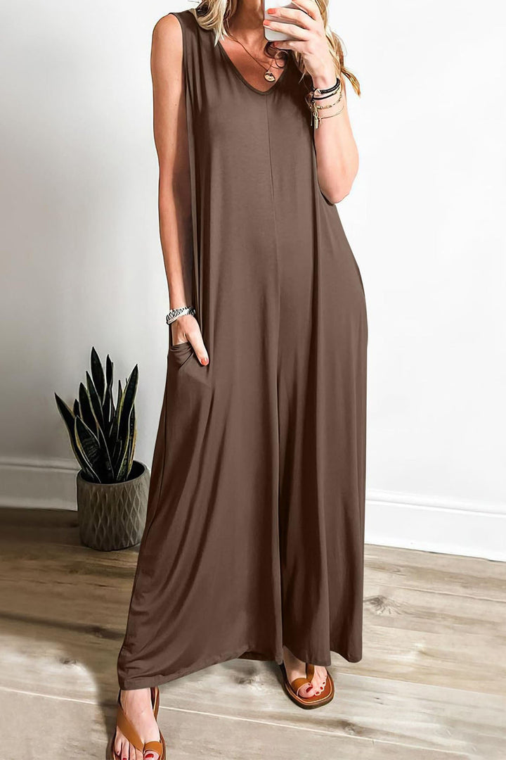 Floor – Mouwloze Jumpsuit met V-Hals en Wijde Pijpen