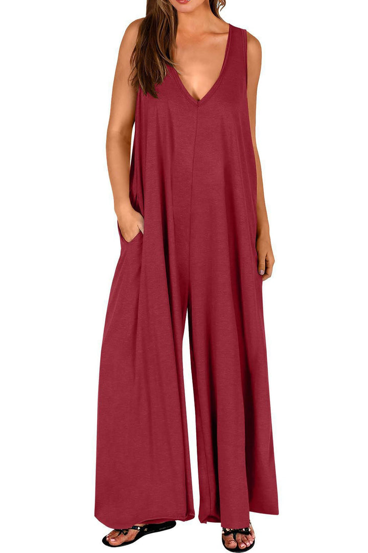 Floor – Mouwloze Jumpsuit met V-Hals en Wijde Pijpen