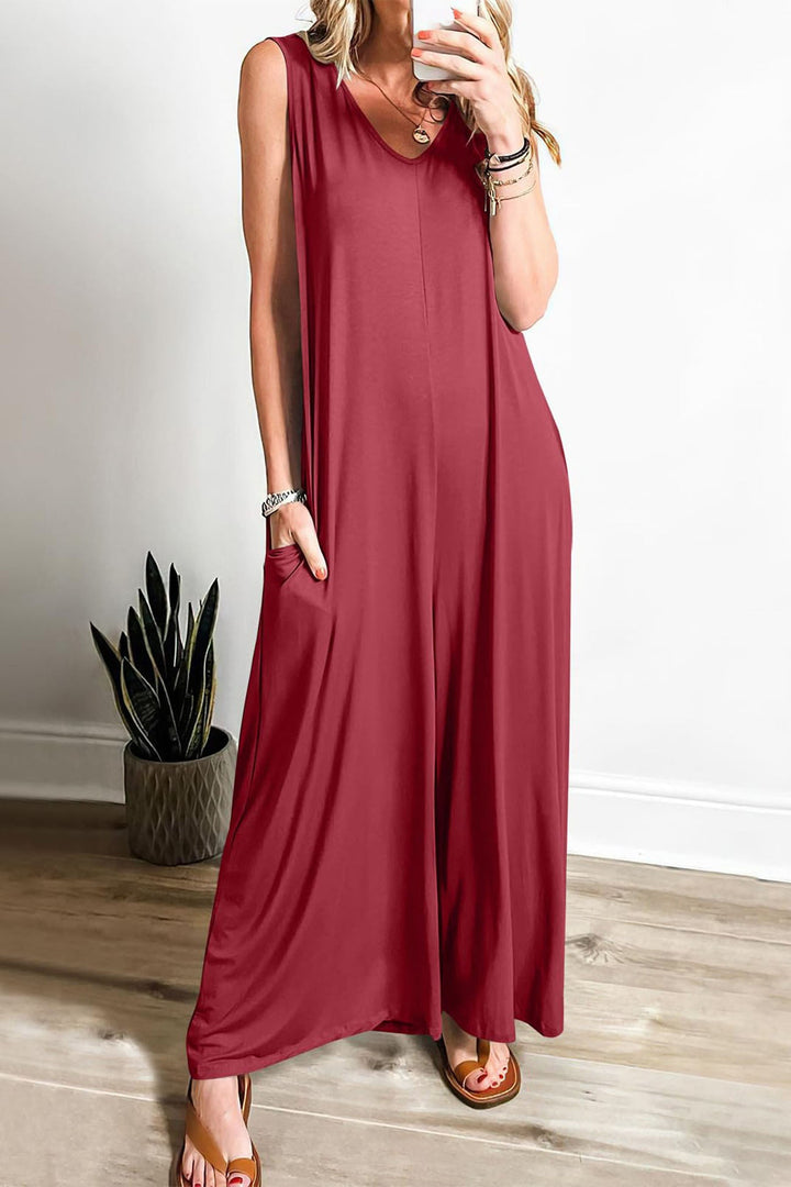 Floor – Mouwloze Jumpsuit met V-Hals en Wijde Pijpen