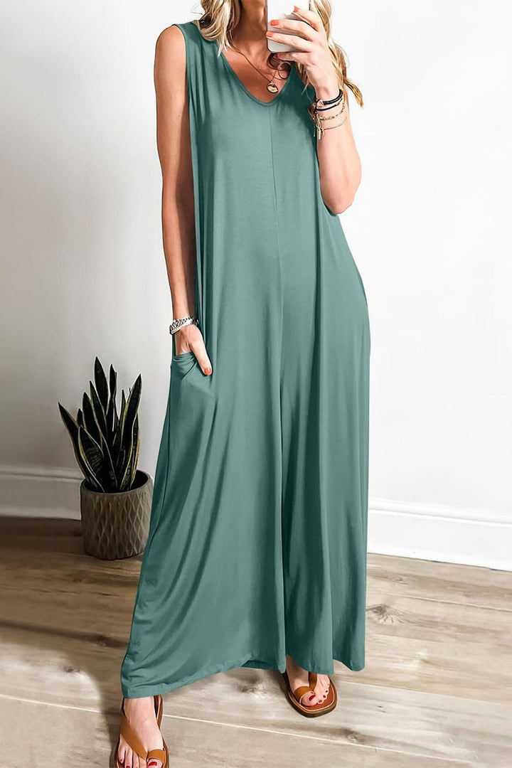 Floor – Mouwloze Jumpsuit met V-Hals en Wijde Pijpen