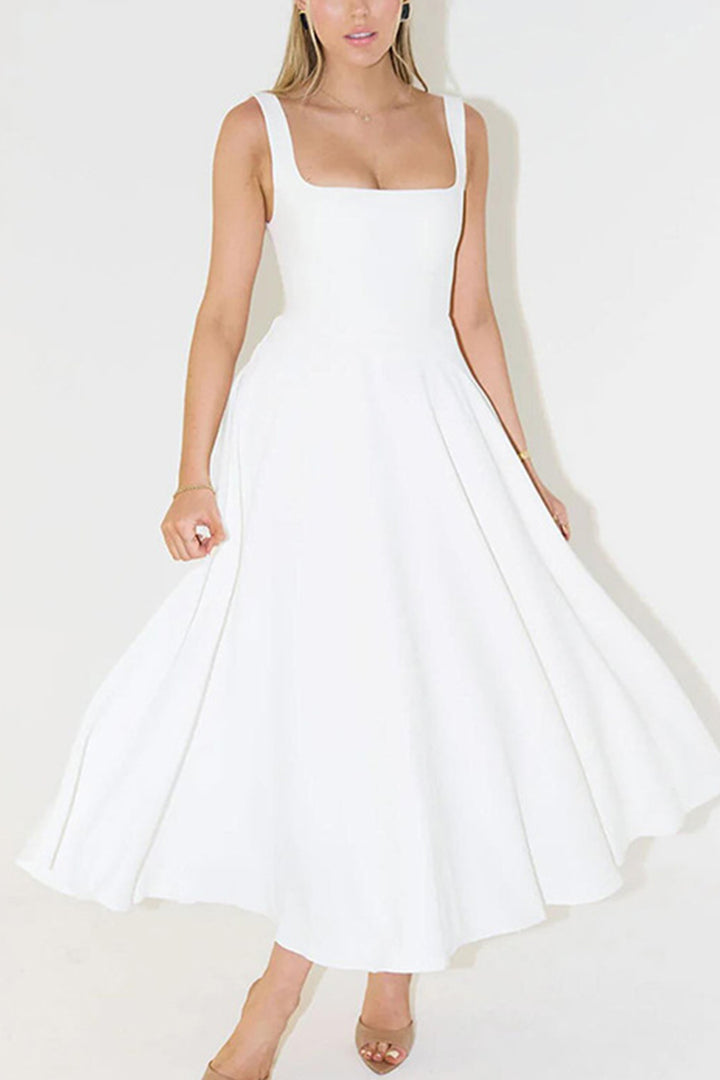 Milou – Mouwloze Maxi Jurk met Corset en Vierkante Halslijn