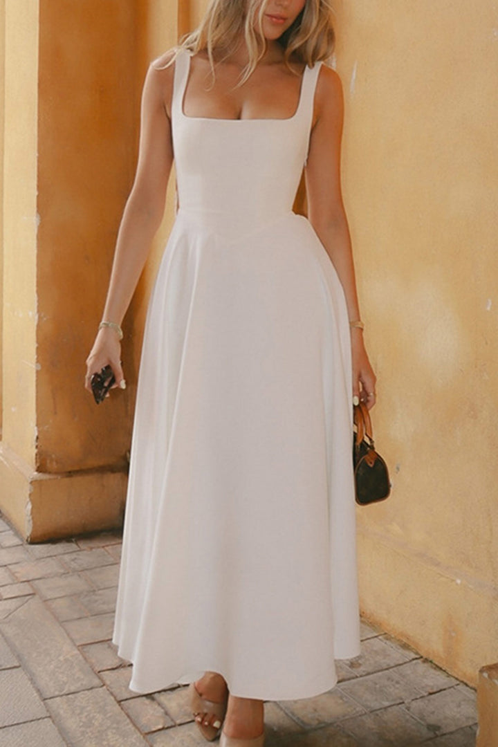 Milou – Mouwloze Maxi Jurk met Corset en Vierkante Halslijn