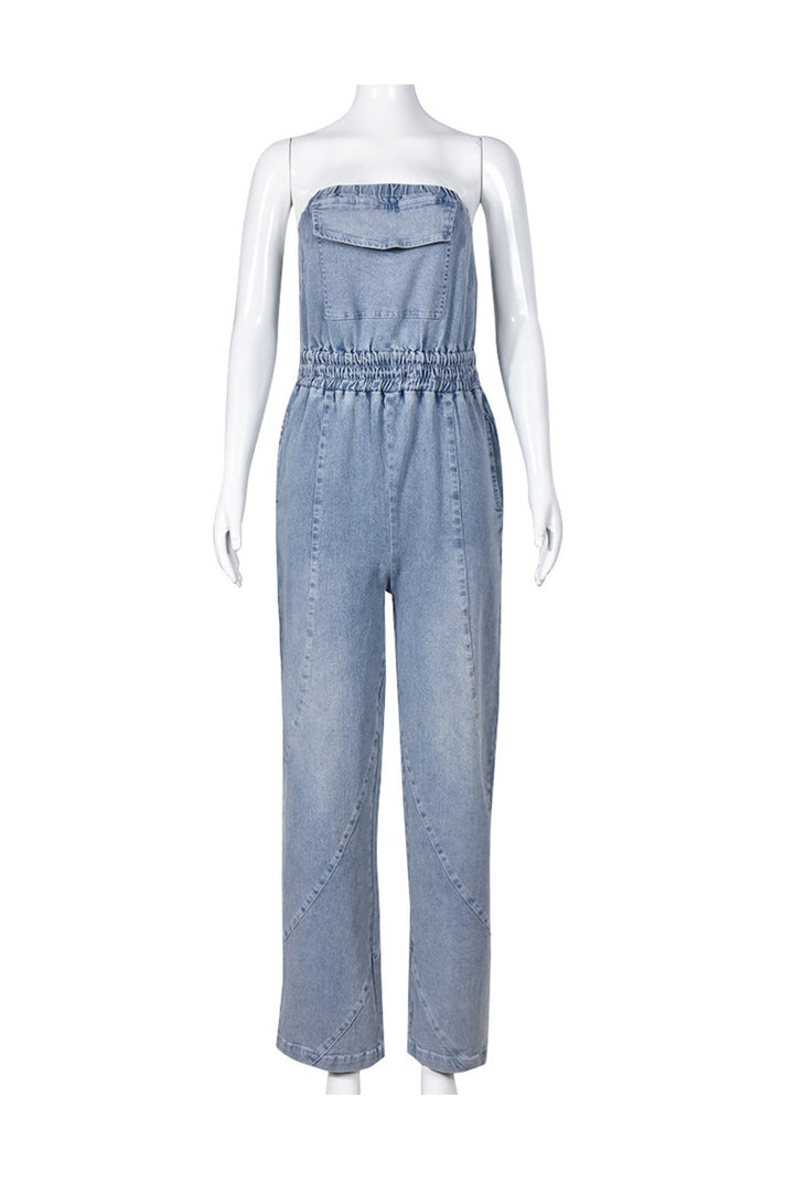Tessa – Strapless Denim Jumpsuit met Grote Zak en Open Rug