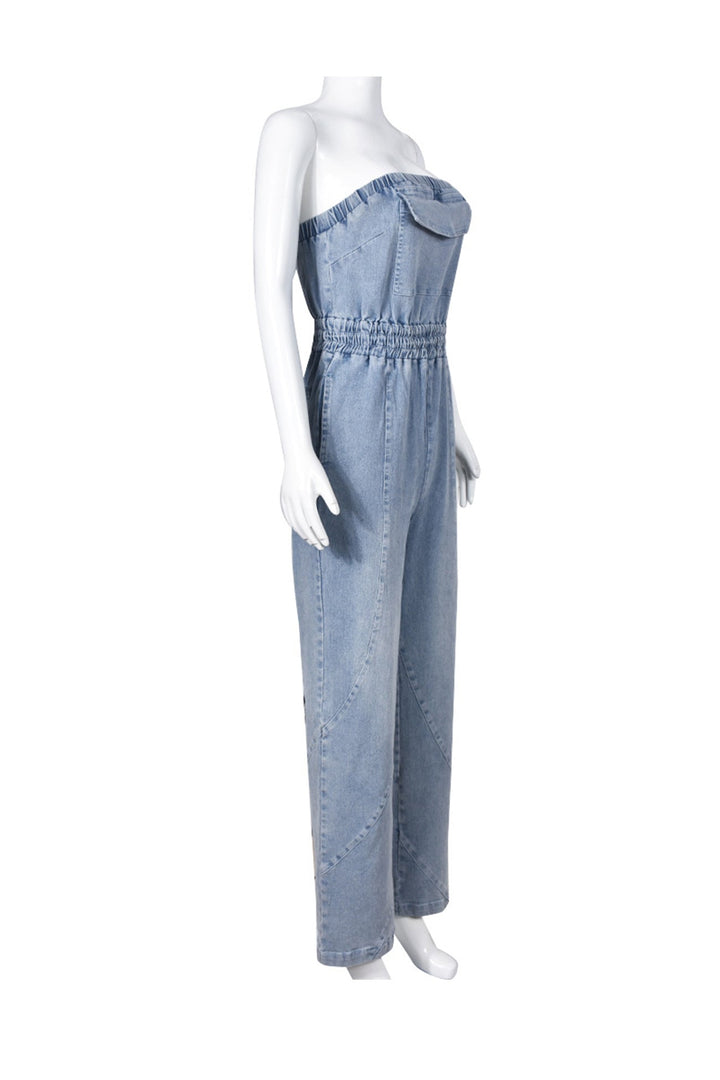 Tessa – Strapless Denim Jumpsuit met Grote Zak en Open Rug