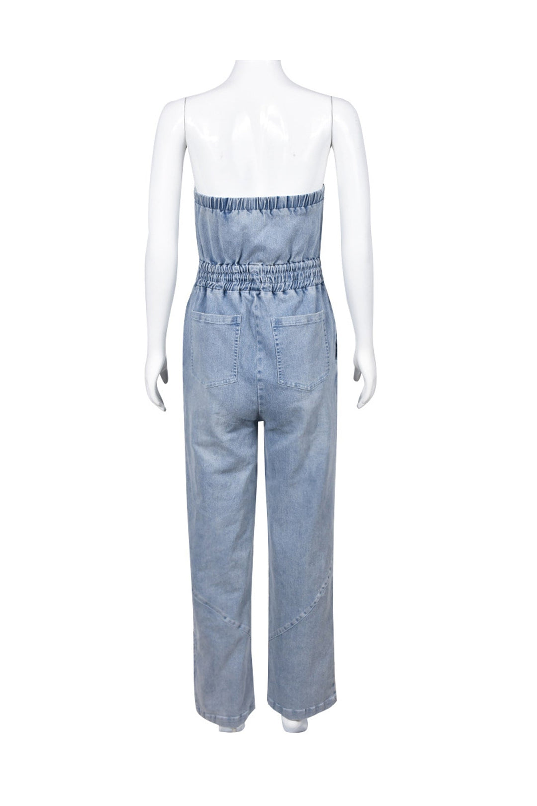 Tessa – Strapless Denim Jumpsuit met Grote Zak en Open Rug