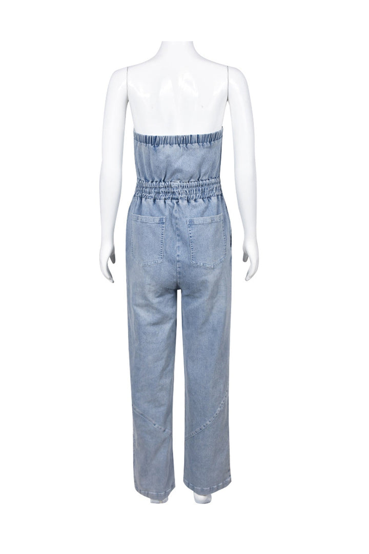 Tessa – Strapless Denim Jumpsuit met Grote Zak en Open Rug