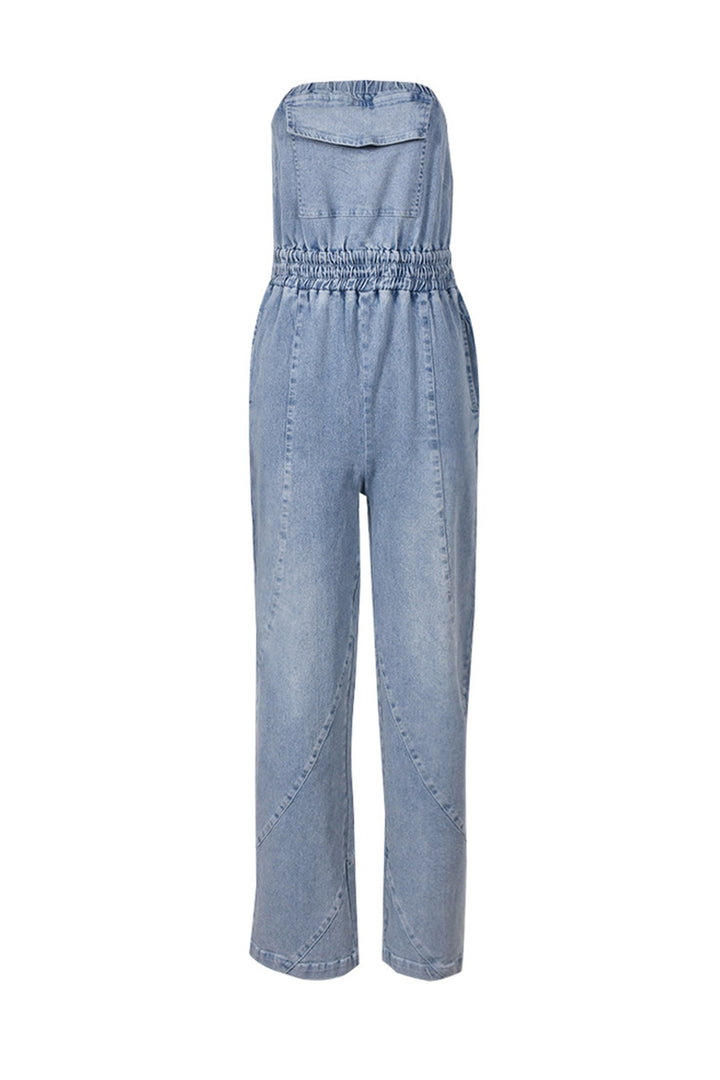 Tessa – Strapless Denim Jumpsuit met Grote Zak en Open Rug