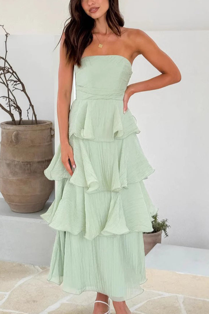Suze – Strapless Gelaagde Midi Jurk met Smock Detail