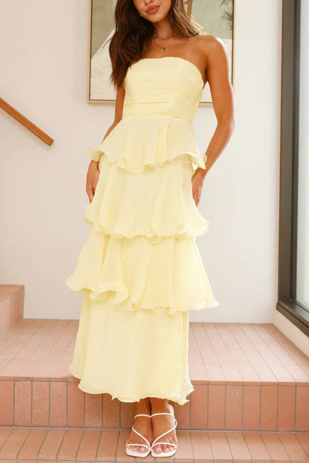 Suze – Strapless Gelaagde Midi Jurk met Smock Detail