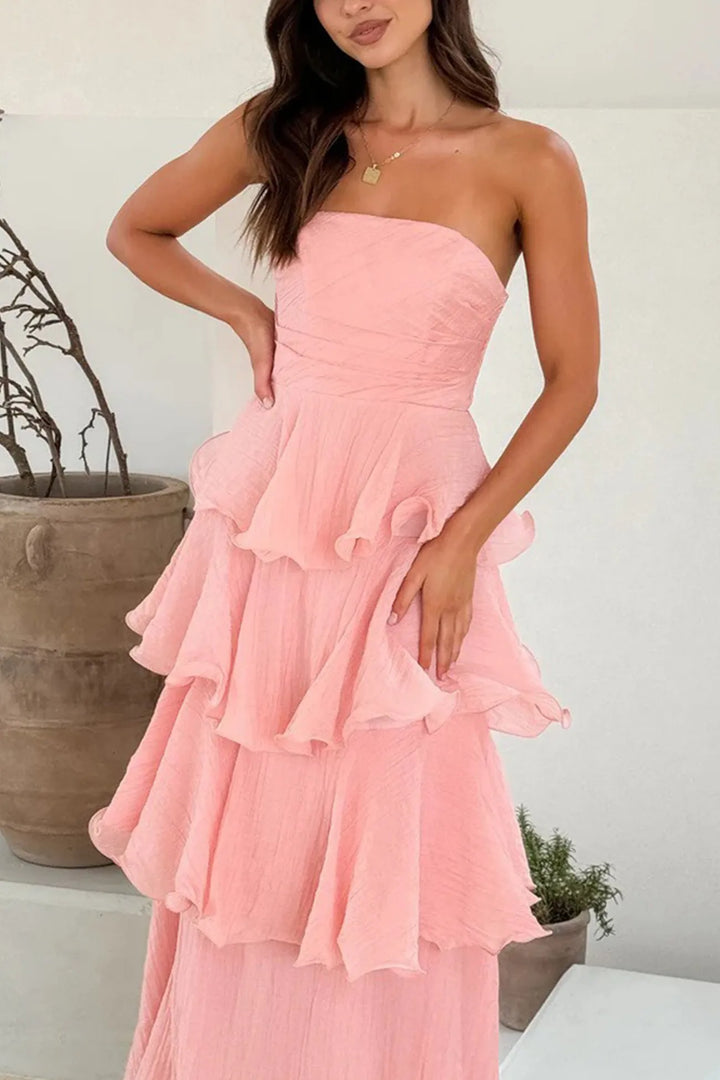 Suze – Strapless Gelaagde Midi Jurk met Smock Detail
