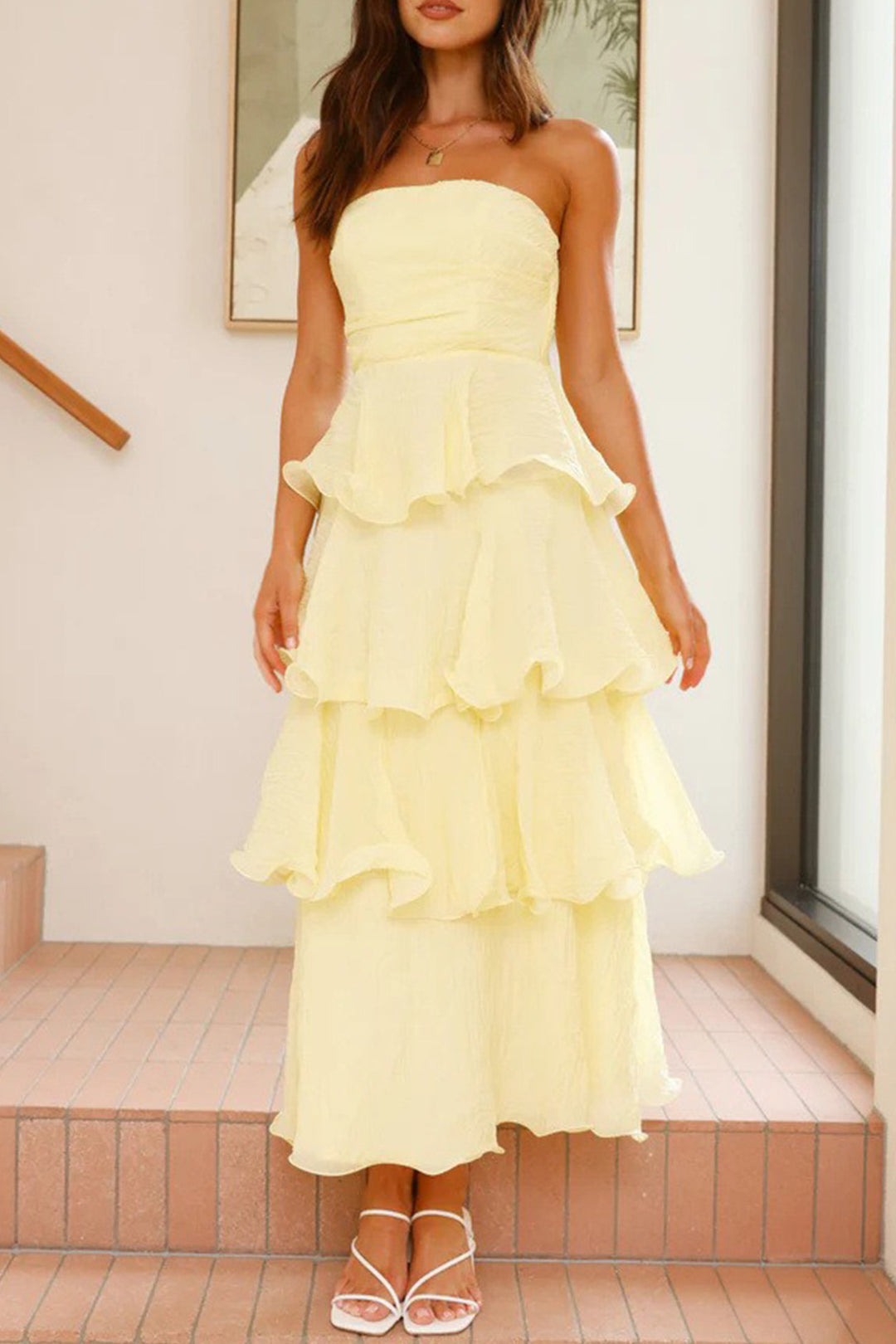 Suze – Strapless Gelaagde Midi Jurk met Smock Detail