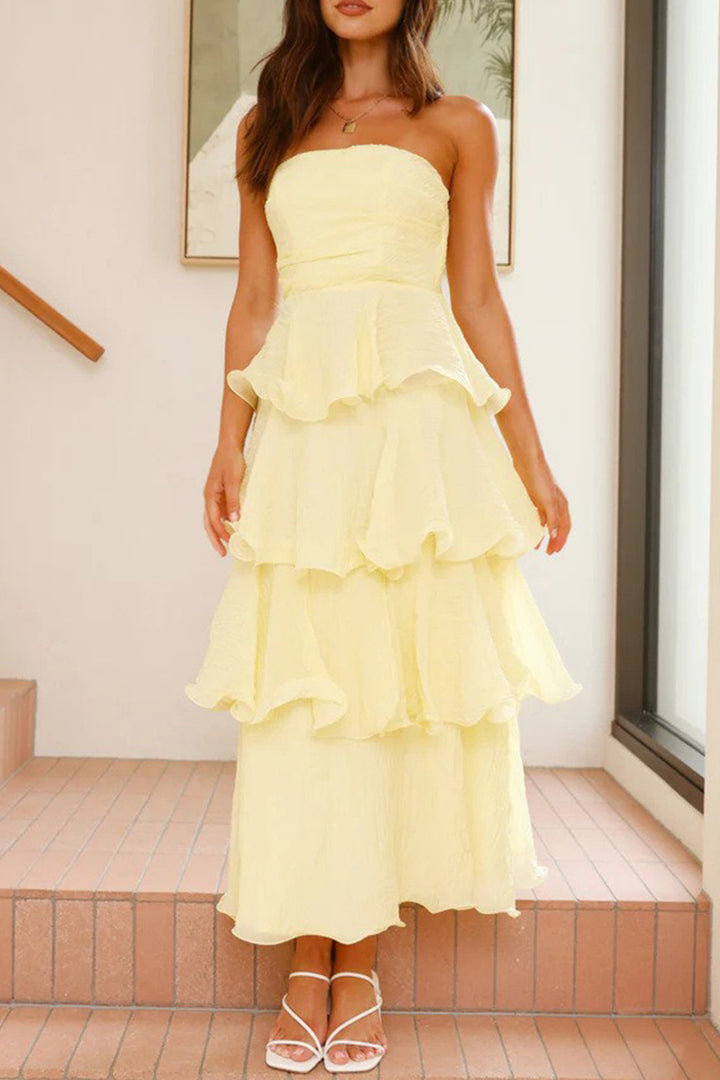 Suze – Strapless Gelaagde Midi Jurk met Smock Detail