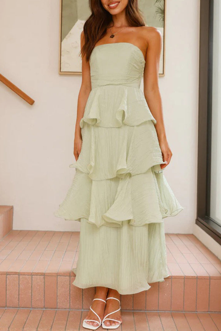 Suze – Strapless Gelaagde Midi Jurk met Smock Detail