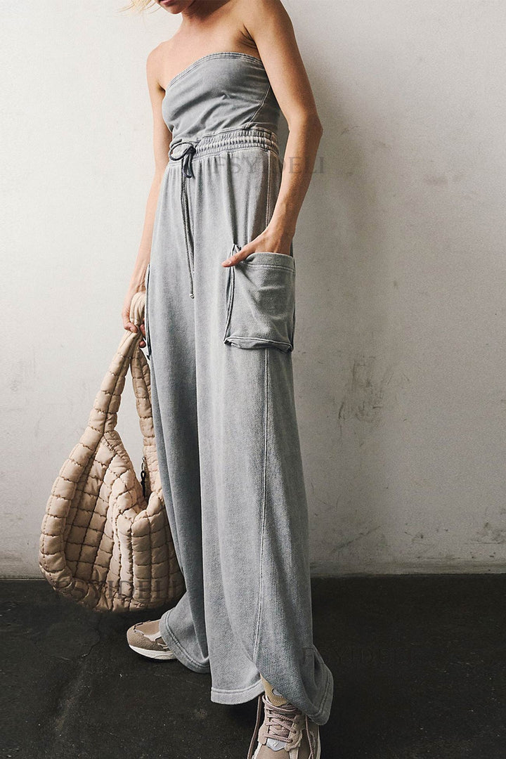 Lara – Strapless Jumpsuit met Strikceintuur en Wijde Pijpen
