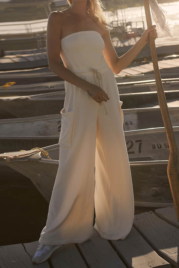 Lara – Strapless Jumpsuit met Strikceintuur en Wijde Pijpen