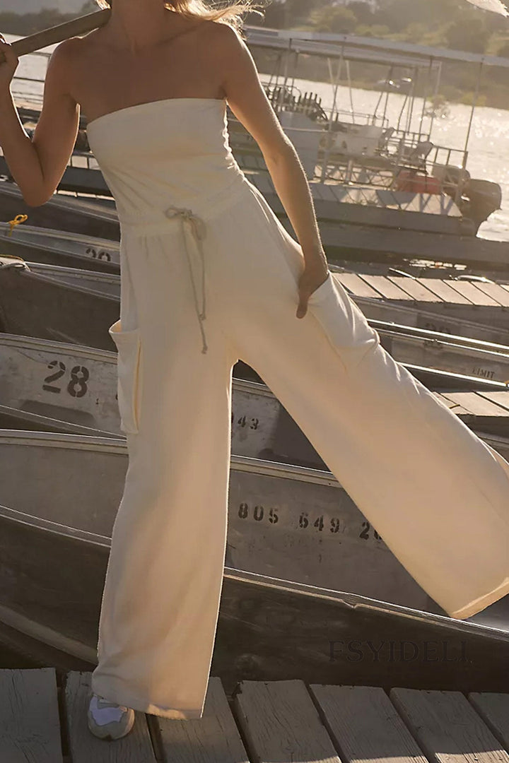 Lara – Strapless Jumpsuit met Strikceintuur en Wijde Pijpen