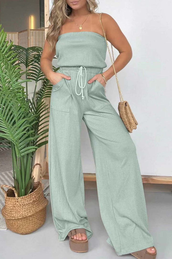 Sterre – Gestreepte Strapless Jumpsuit met Aantrekkoord en Wijde Pijpen