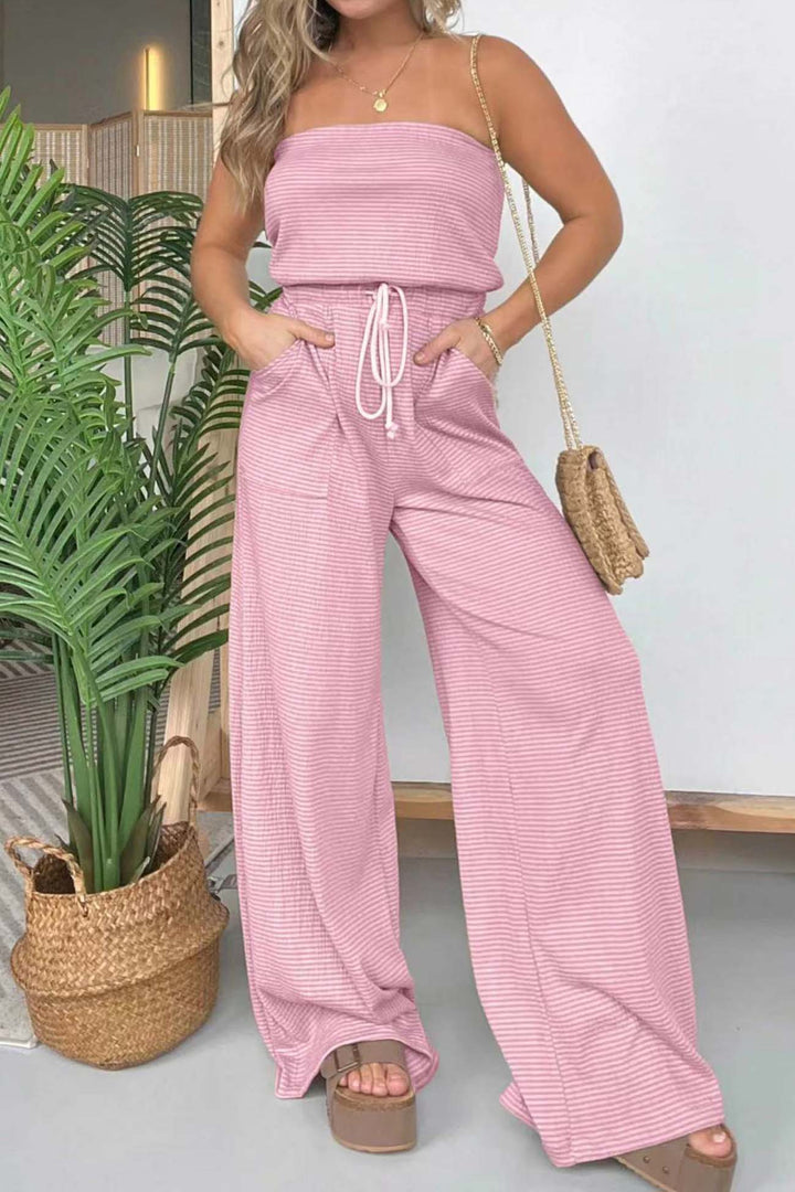 Sterre – Gestreepte Strapless Jumpsuit met Aantrekkoord en Wijde Pijpen