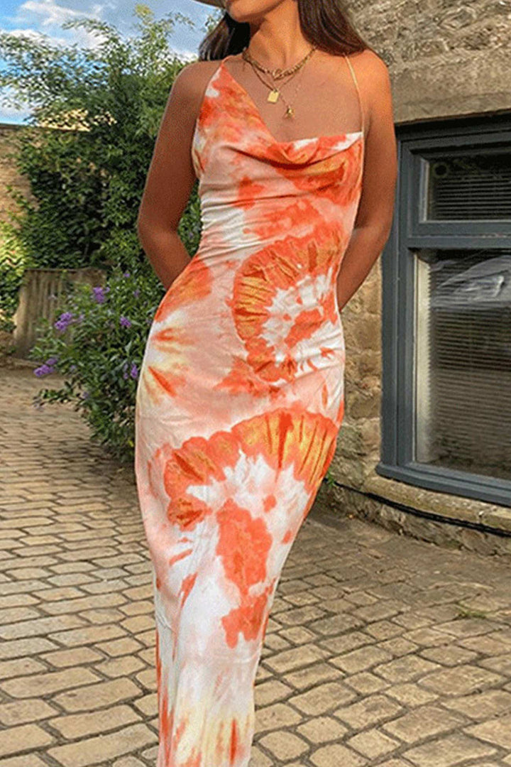 Fleur – Tie-Dye Cami Jurk met Watervalhals en Strikrug