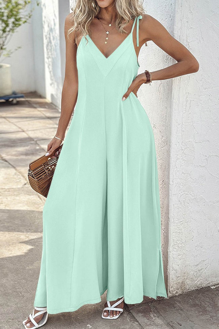 Yfke – Jumpsuit met Strikbandjes, V-Hals en Wijde Pijpen