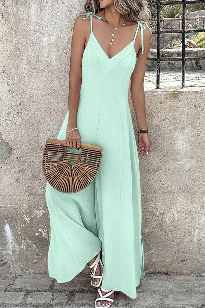 Yfke – Jumpsuit met Strikbandjes, V-Hals en Wijde Pijpen