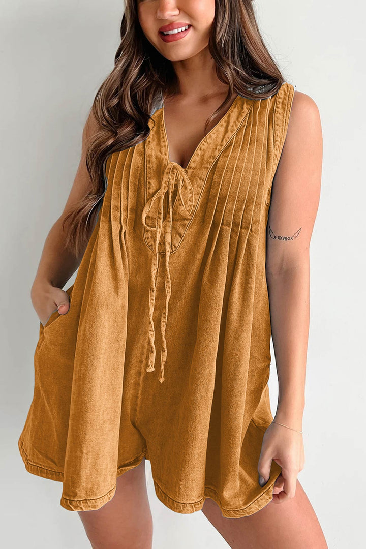 Bo – Mouwloze Denim Romper met Striksluiting en V-Hals